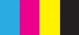Cyan, Magenta, Yellow und Schwarz, die vier Farbwerte des CMYK-Offsetdruckfarbmodells.